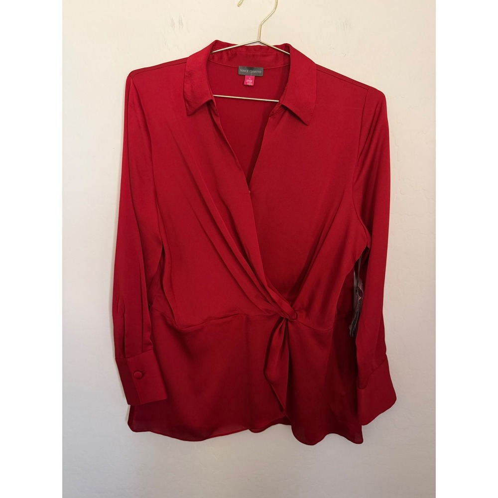 Vince Camuto Red Twist Front Faux Wrap Blouse Top Long Sleeve Size L NWT